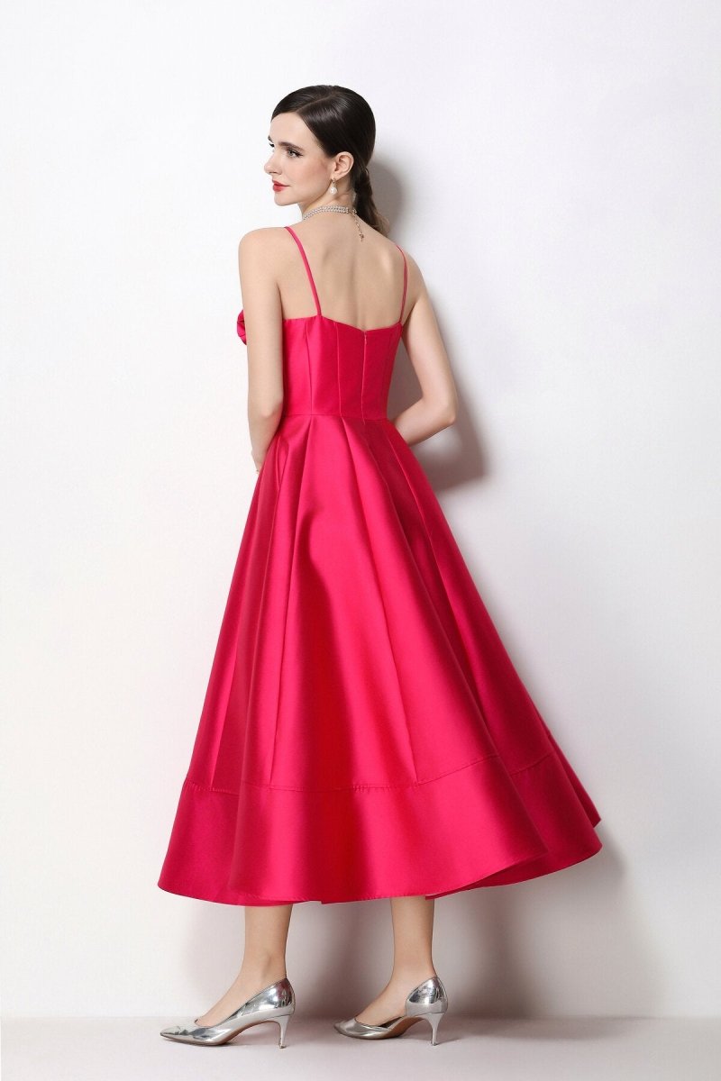 3D Rosette Satin Spaghetti Strap Tea-Length Dress