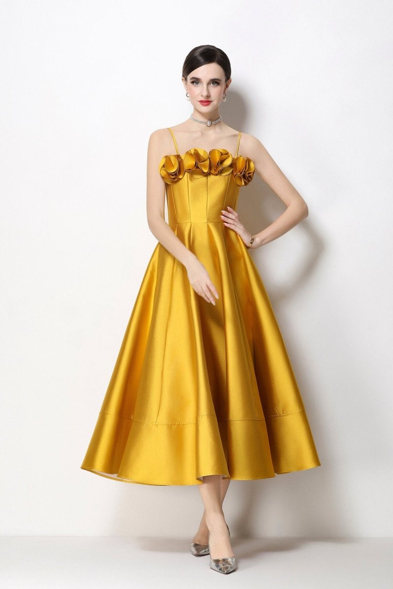 3D Rosette Satin Spaghetti Strap Tea-Length Dress