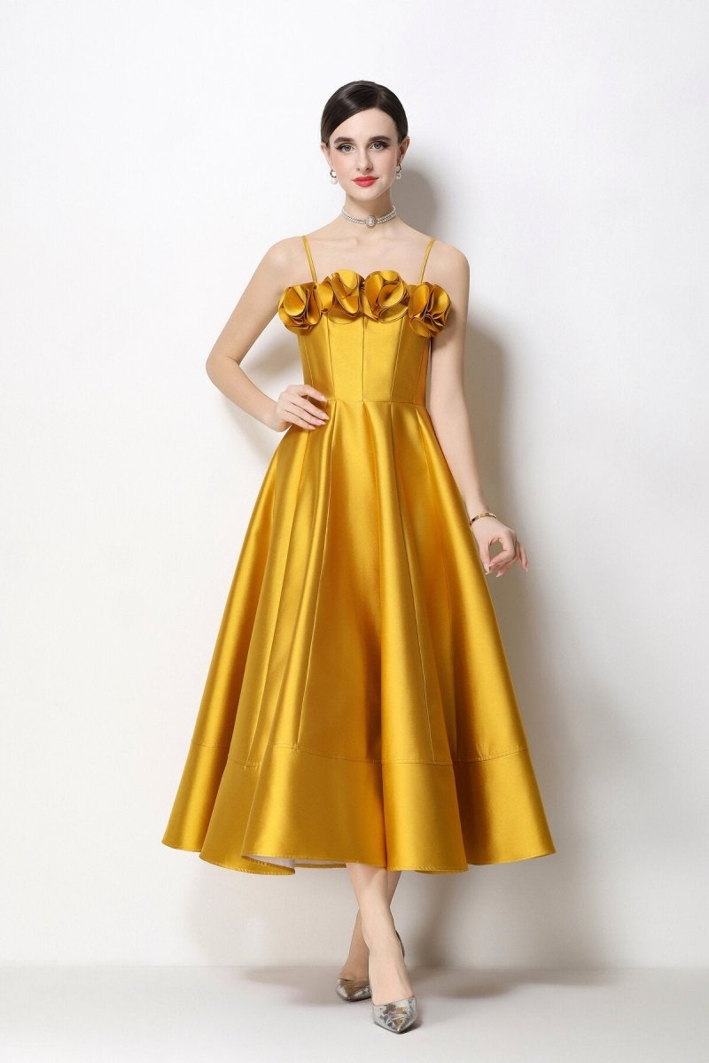3D Rosette Satin Spaghetti Strap Tea-Length Dress
