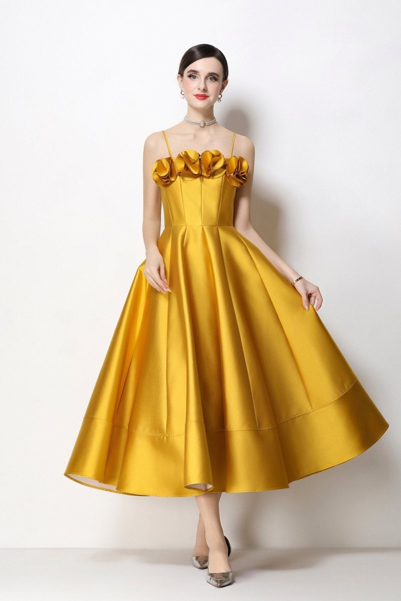 3D Rosette Satin Spaghetti Strap Tea-Length Dress