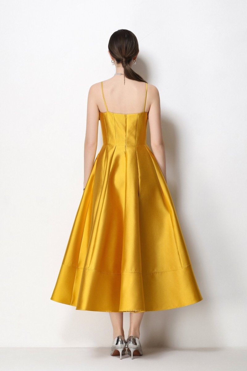 3D Rosette Satin Spaghetti Strap Tea-Length Dress