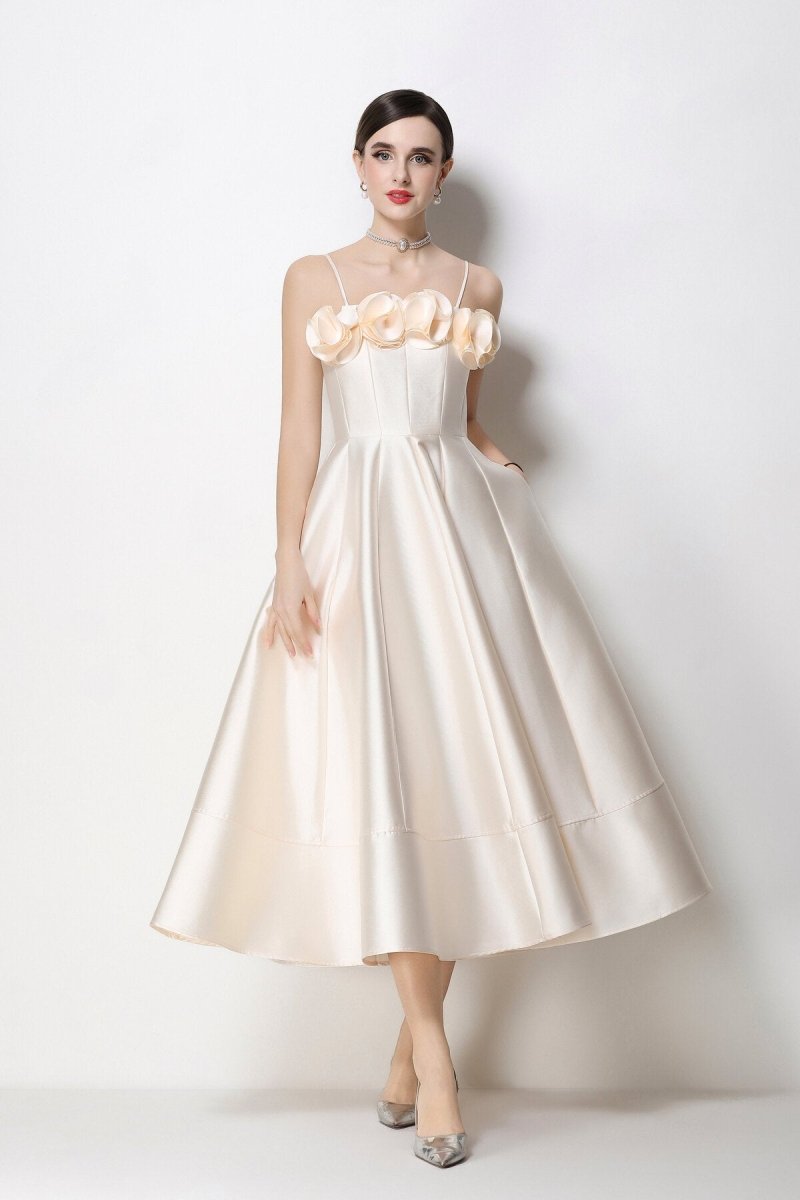 3D Rosette Satin Spaghetti Strap Tea-Length Dress