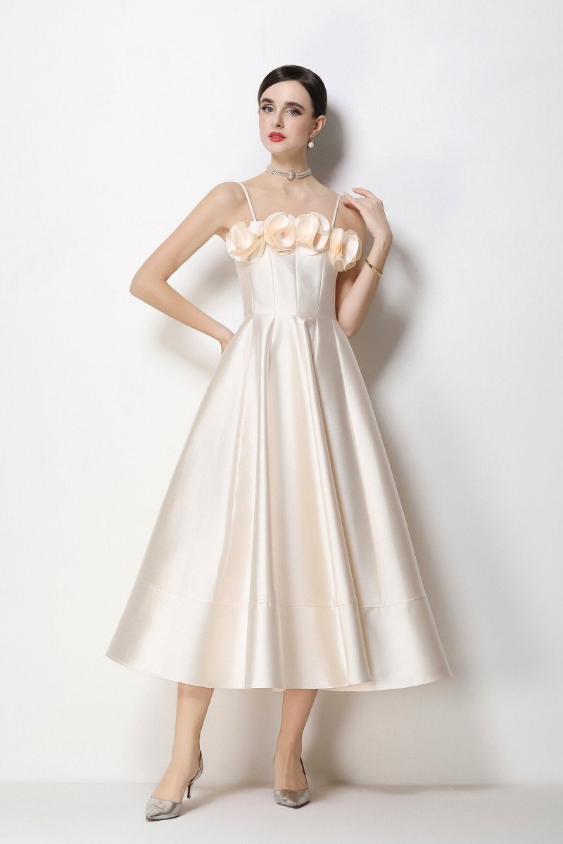 3D Rosette Satin Spaghetti Strap Tea-Length Dress