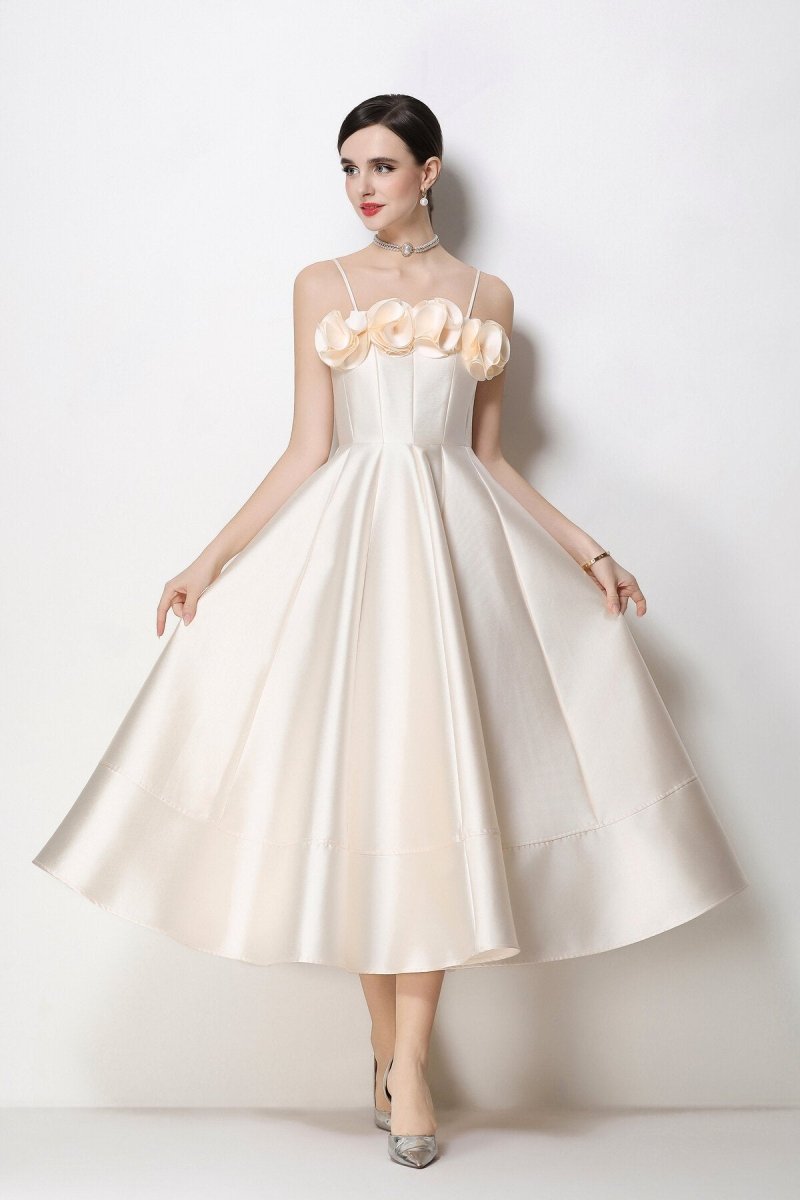 3D Rosette Satin Spaghetti Strap Tea-Length Dress