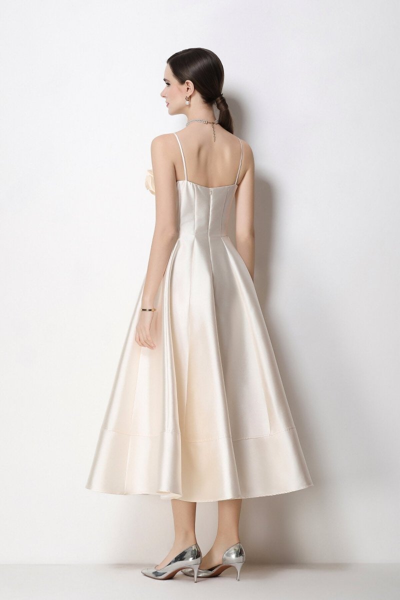 3D Rosette Satin Spaghetti Strap Tea-Length Dress
