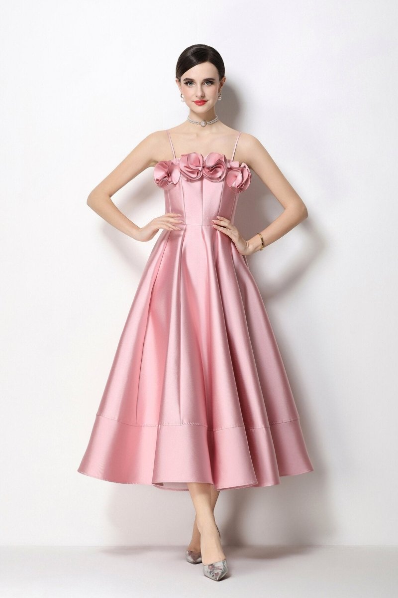 3D Rosette Satin Spaghetti Strap Tea-Length Dress