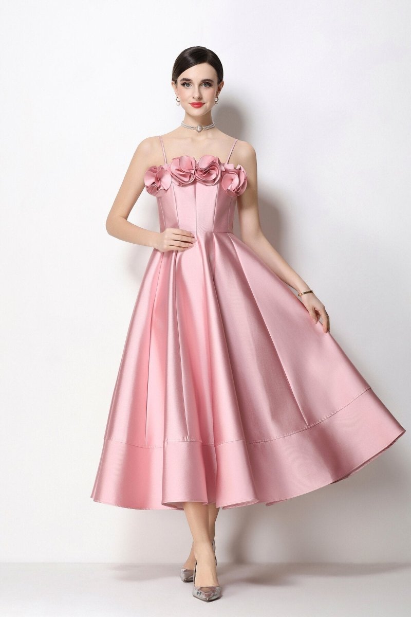 3D Rosette Satin Spaghetti Strap Tea-Length Dress