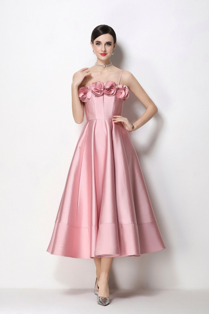 3D Rosette Satin Spaghetti Strap Tea-Length Dress