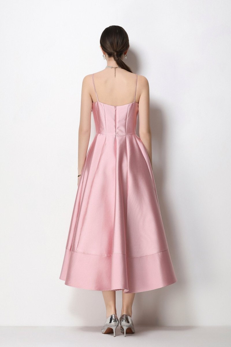 3D Rosette Satin Spaghetti Strap Tea-Length Dress