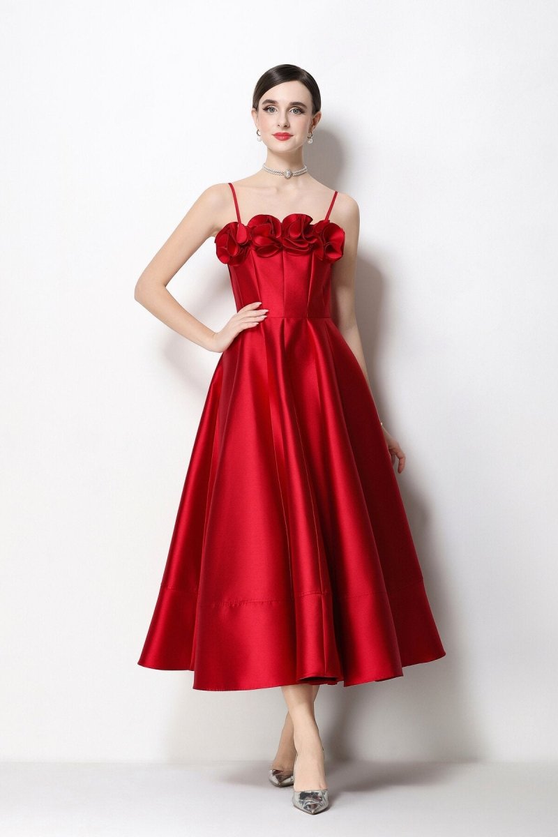 3D Rosette Satin Spaghetti Strap Tea-Length Dress