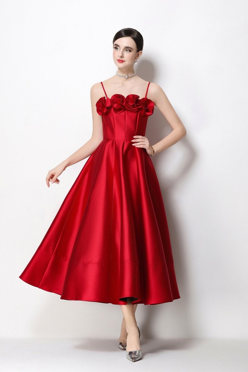 3D Rosette Satin Spaghetti Strap Tea-Length Dress