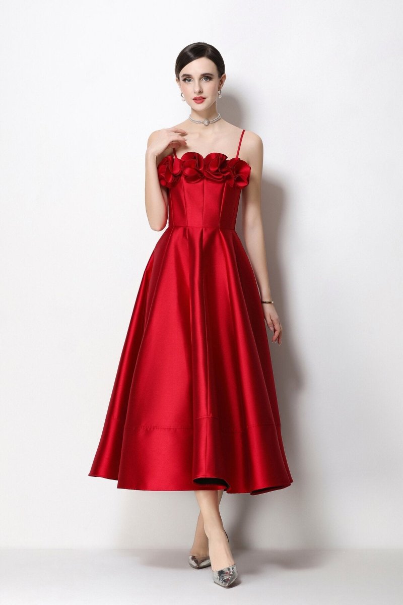 3D Rosette Satin Spaghetti Strap Tea-Length Dress