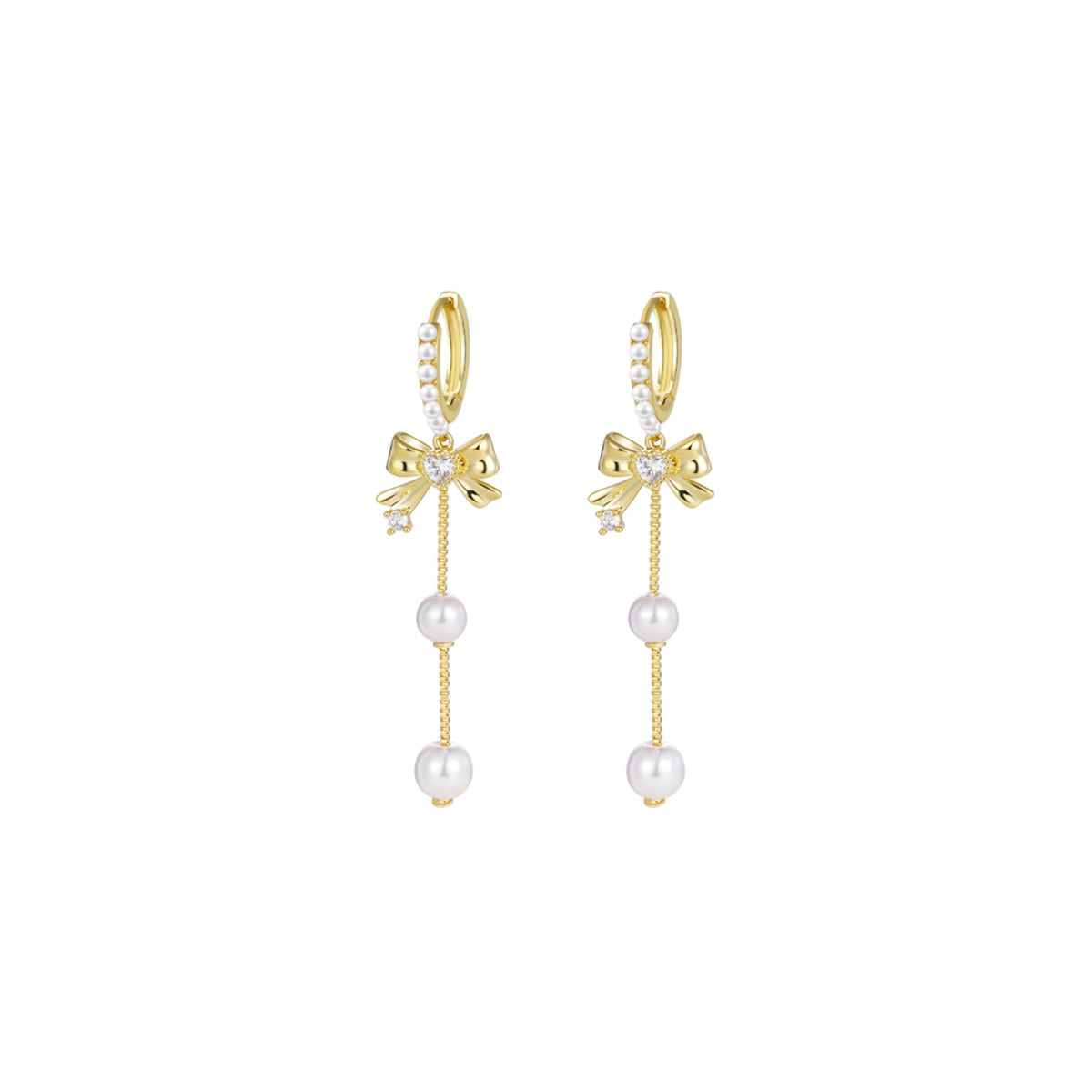 Pretty Long Pearl Bowknot Gold Earrings