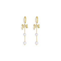 Pretty Long Pearl Bowknot Gold Earrings