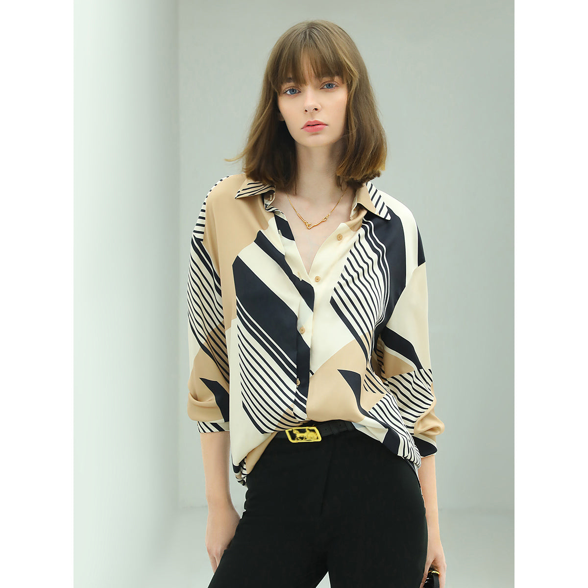 abstract geometric print silk khaki shirt all khaki 2