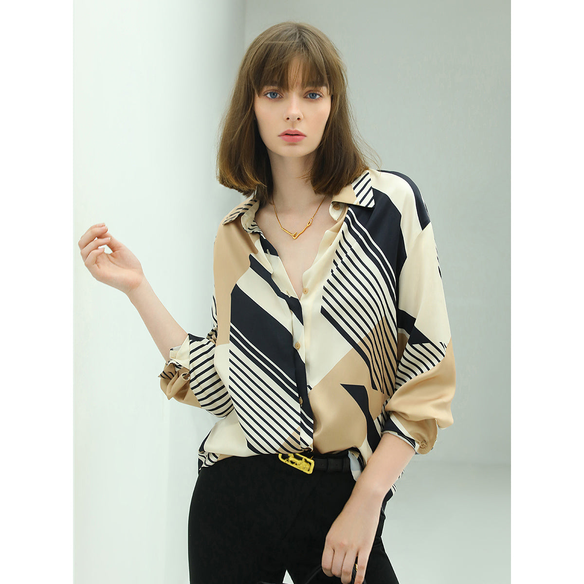 abstract geometric print silk khaki shirt all khaki 3
