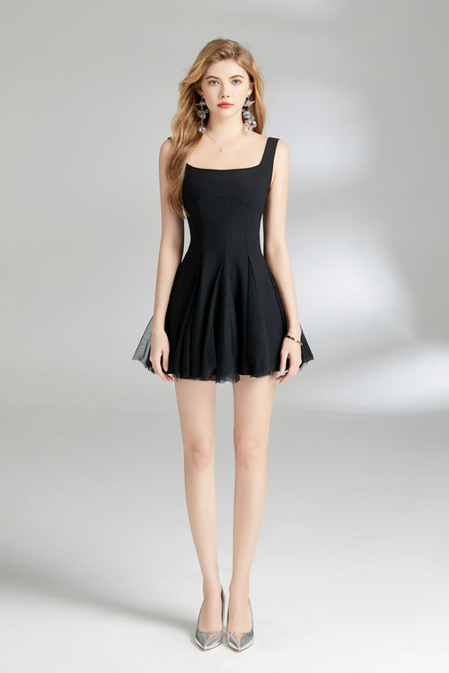 adelina fairy thick strap pleated dress all black 1