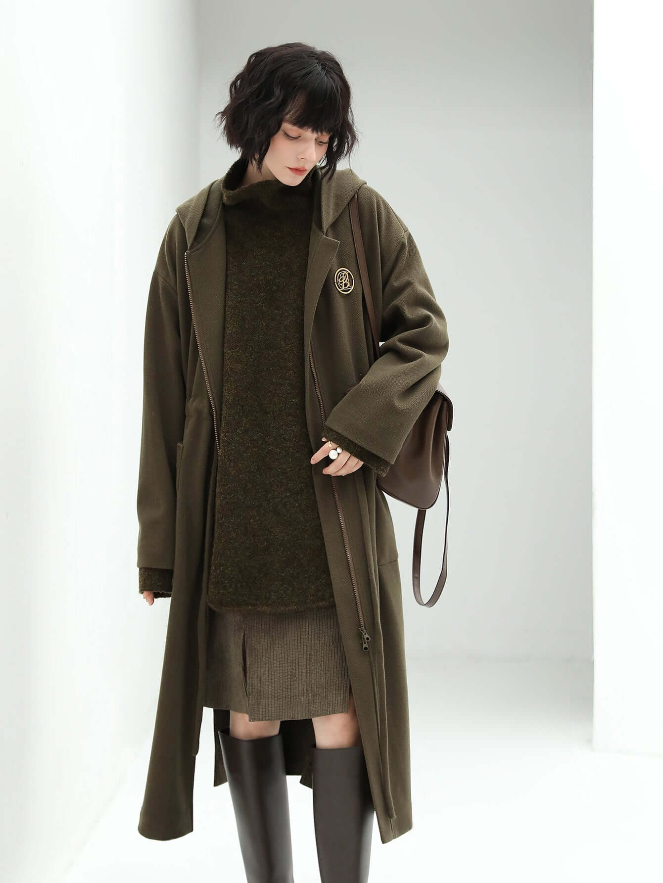 adjustable drawstring brown hooded wool coat women all brown 2