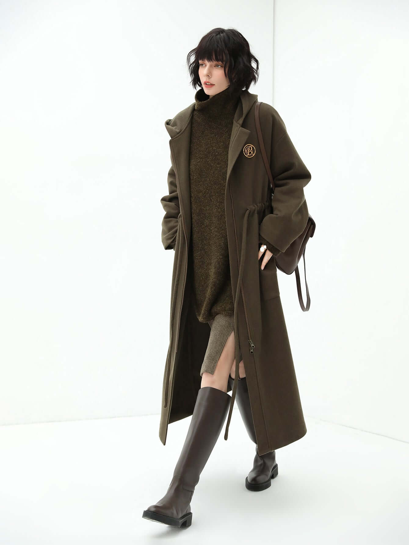 adjustable drawstring brown hooded wool coat women all brown 3