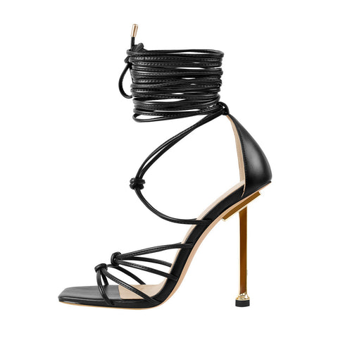 Adrianna Square Toe Black Anke Strap Sandals