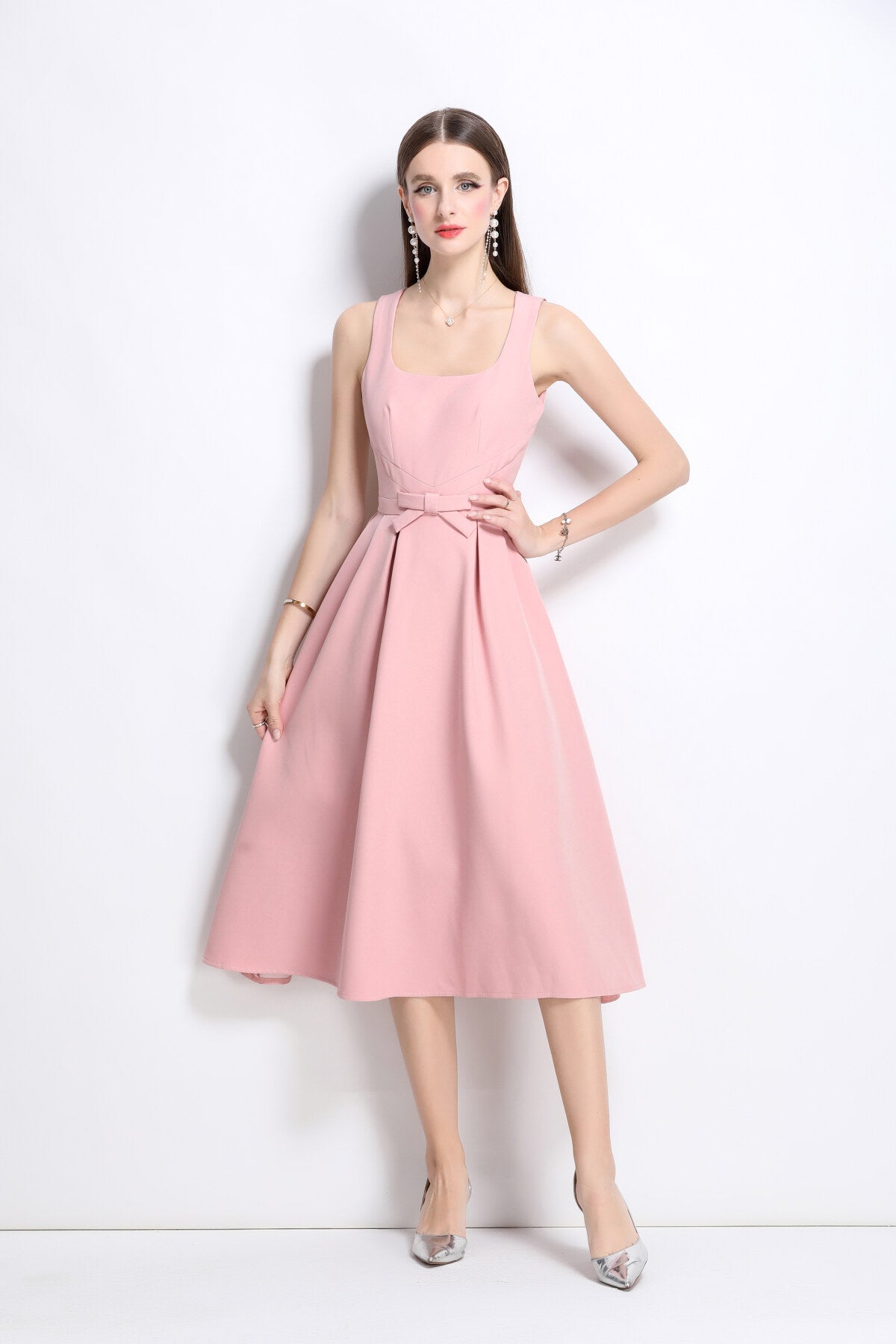 american classic slim fit waist cinching midi dress all pink 2