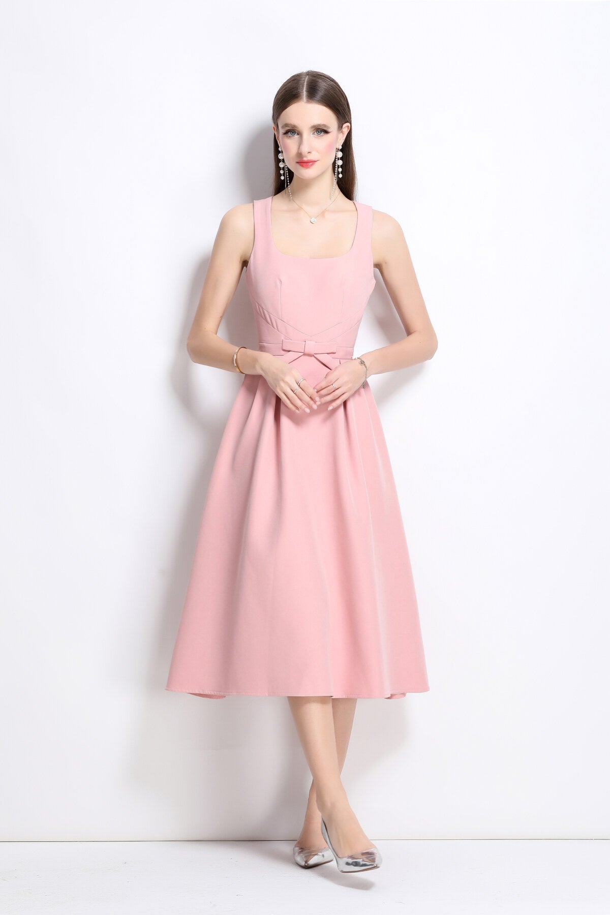 american classic slim fit waist cinching midi dress all pink 3