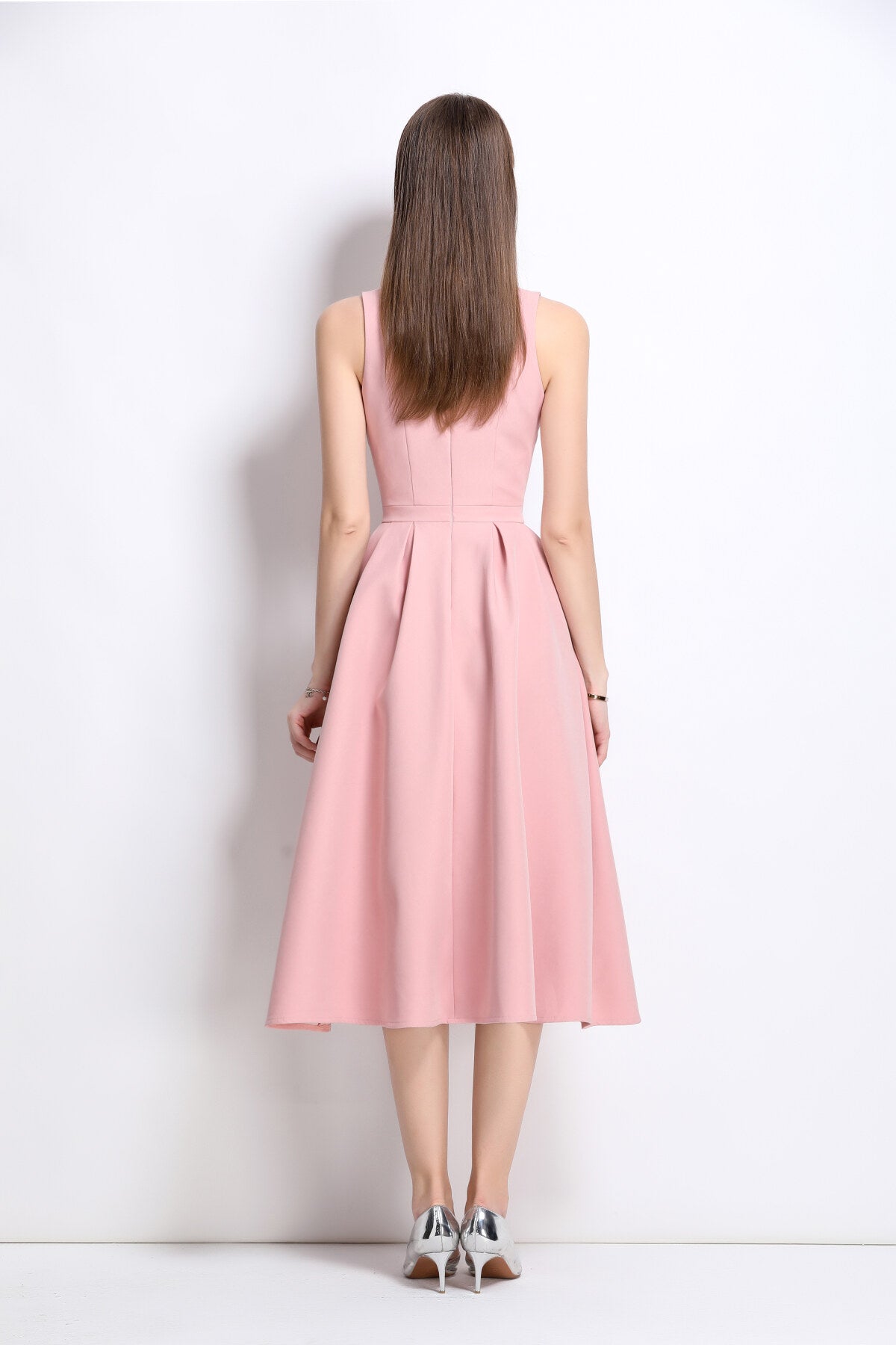 american classic slim fit waist cinching midi dress all pink 4