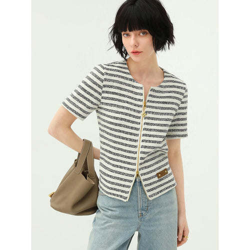 Amour Round Neck Double Zipped Striped Sweater Tee