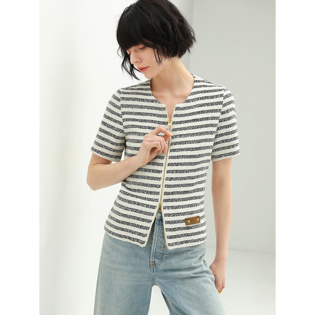 amour round neck double zipped striped sweater tee all stripe 2