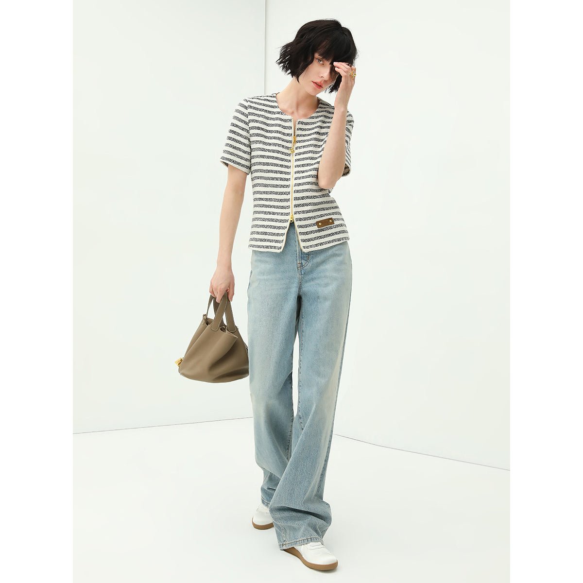 amour round neck double zipped striped sweater tee all stripe 3