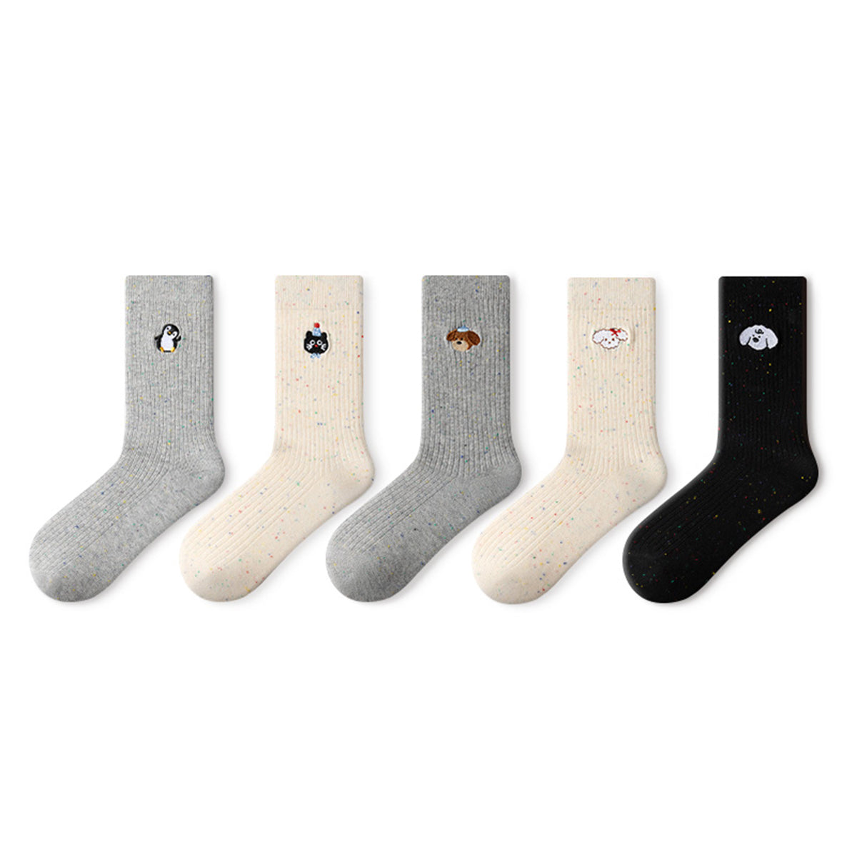 Animal Embroidery Speckled Point Yarn Mid-Calf Socks – Women's 5-Pair All-Season Crew Set