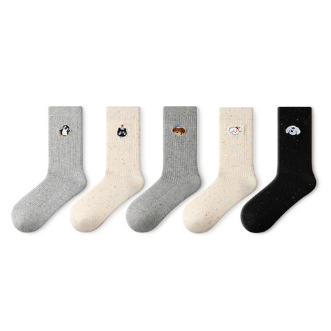 Animal Embroidery Speckled Point Yarn Mid-Calf Socks – Women's 5-Pair All-Season Crew Set