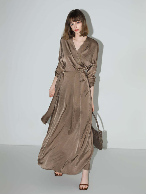 antique brown satin wrap dress all brown 1