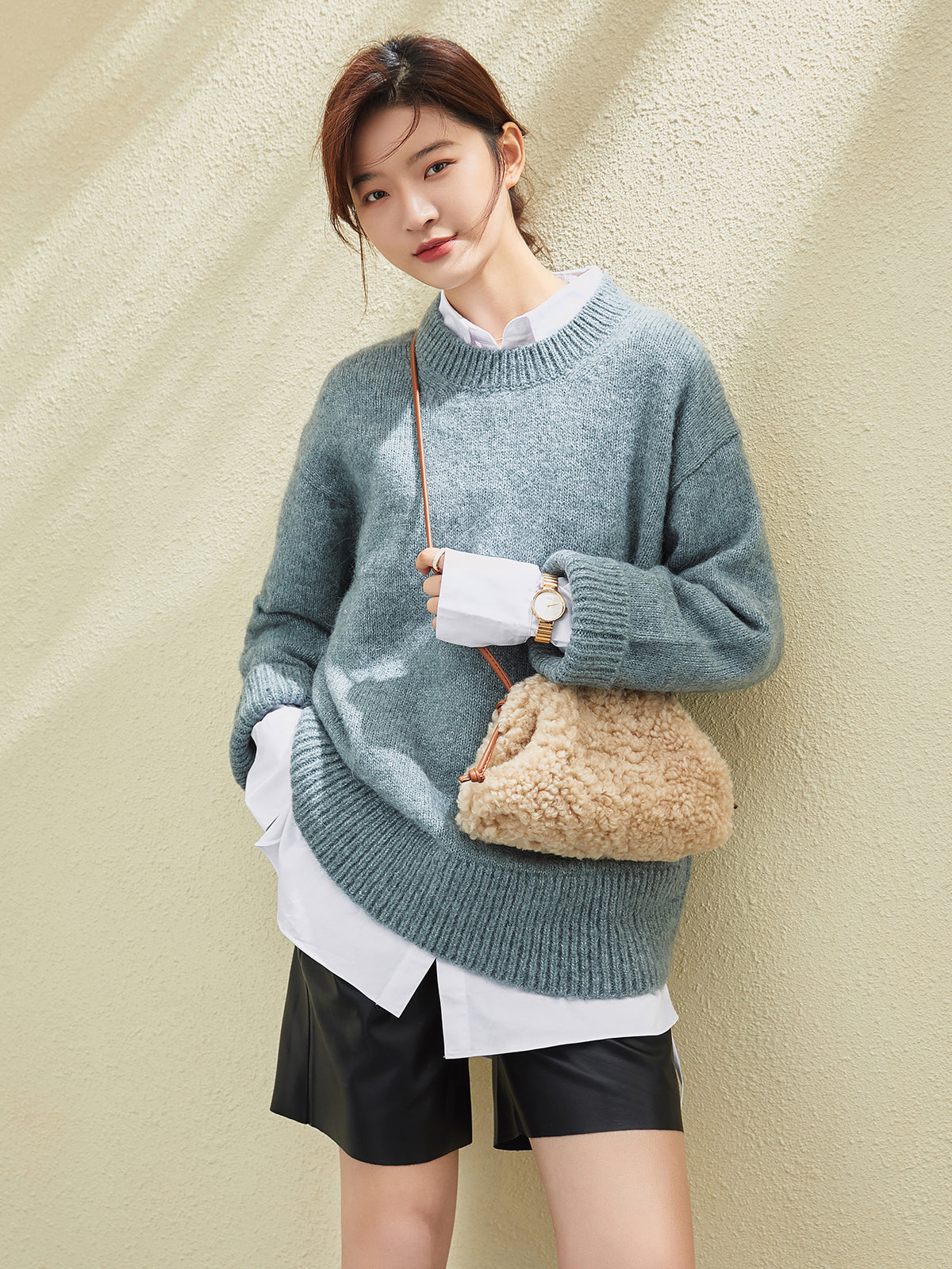 apricot beige furry double thin strap shoulder bag apricot 4