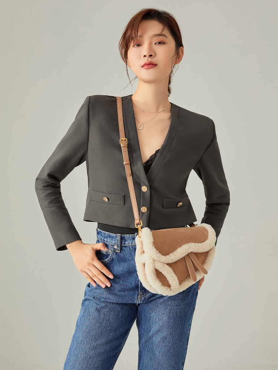 Apricot Beige Furry Saddle Shoulder Bag - 0cm