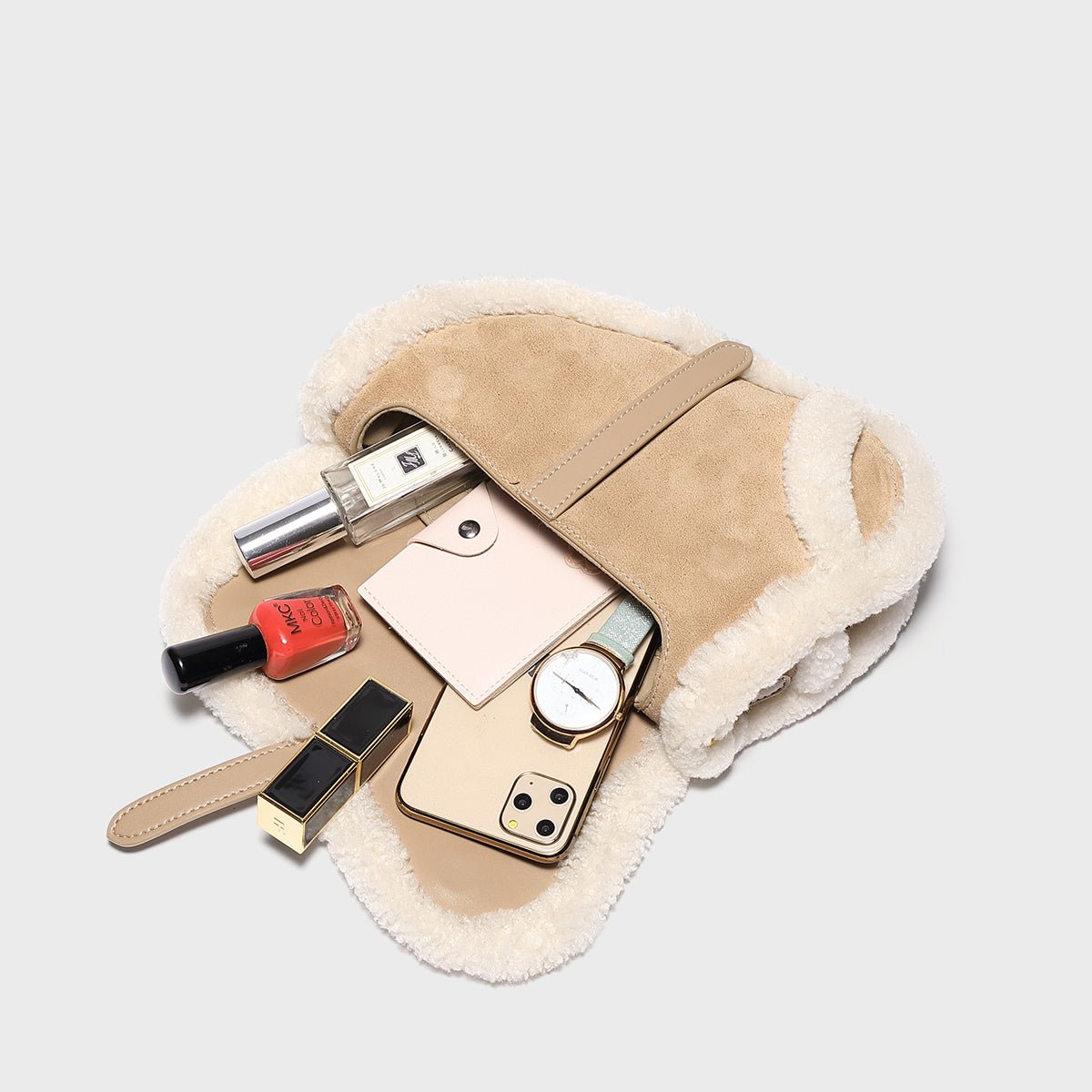 Apricot Beige Furry Saddle Shoulder Bag - 0cm