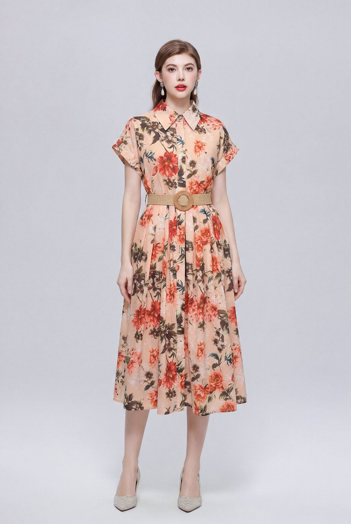 Apricot Botanical Floral Belted Shirt Midi Dress