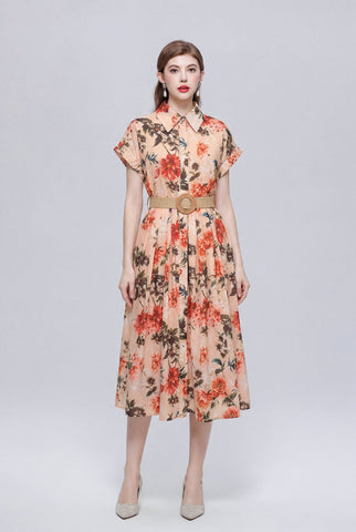 Apricot Botanical Floral Belted Shirt Midi Dress