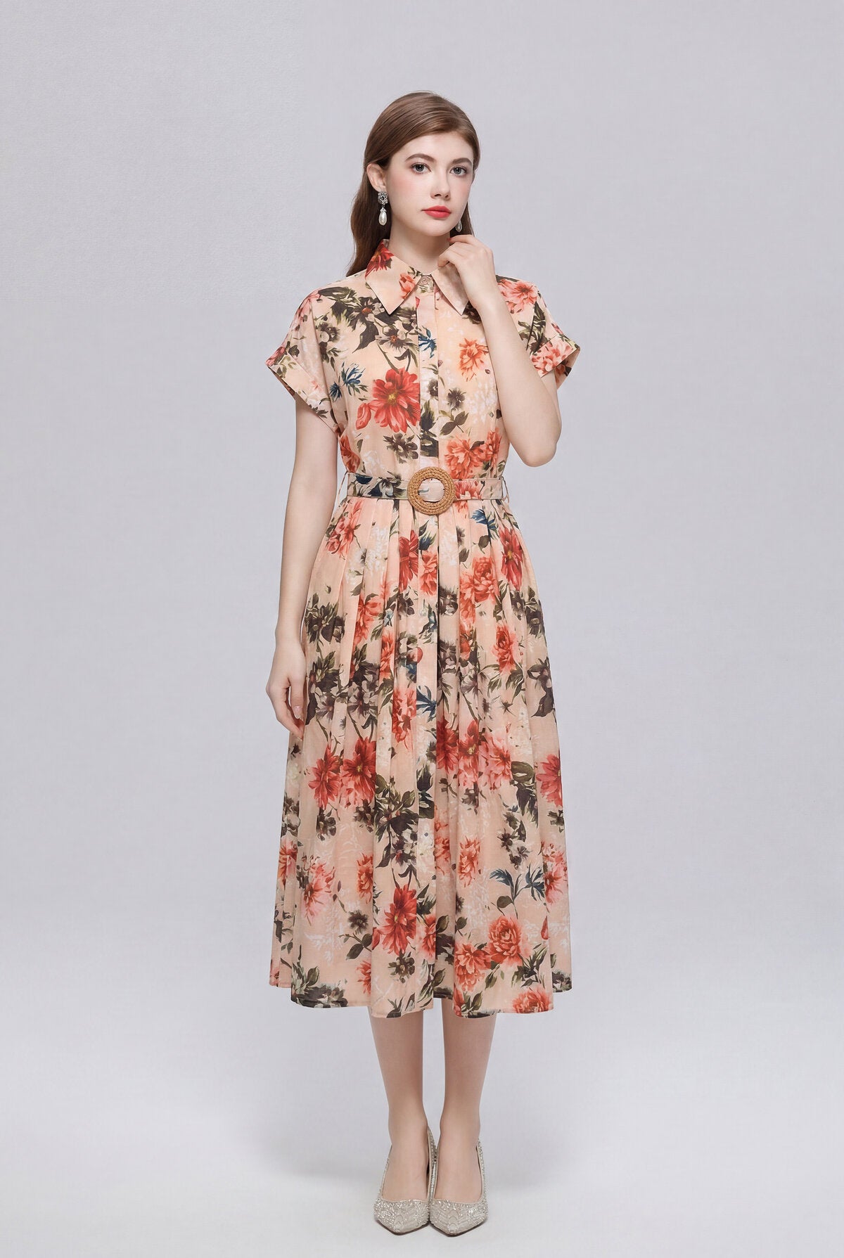 Apricot Botanical Floral Belted Shirt Midi Dress