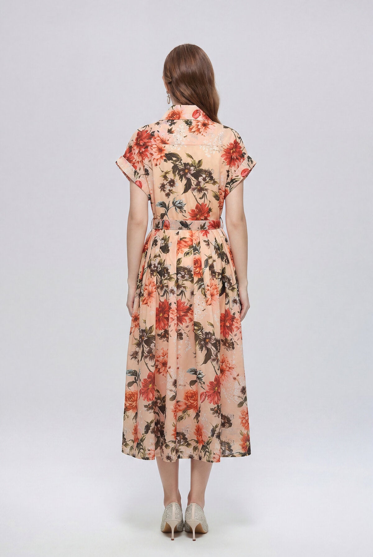 Apricot Botanical Floral Belted Shirt Midi Dress