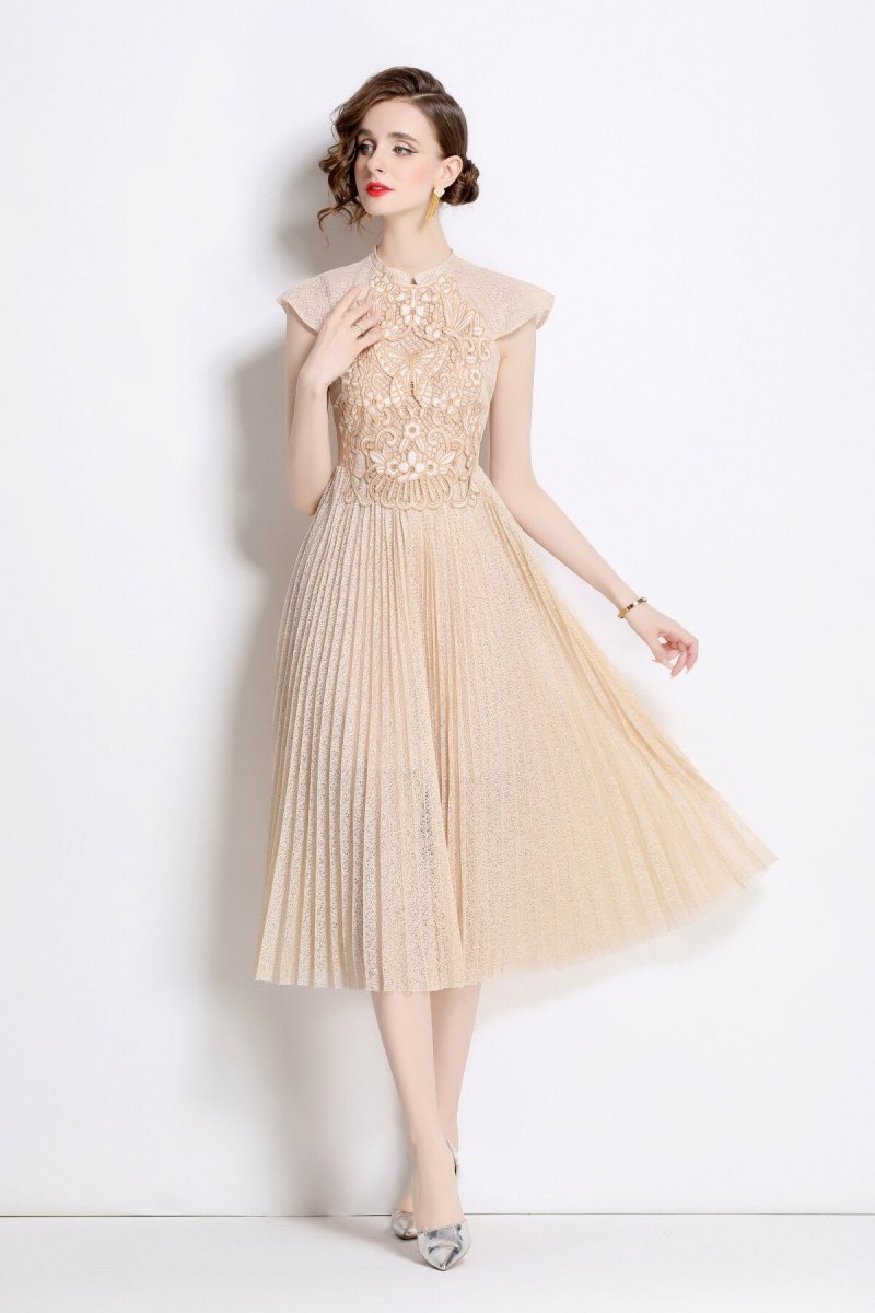 Apricot Lace Embroidered Pleated Midi Dress - 0cm