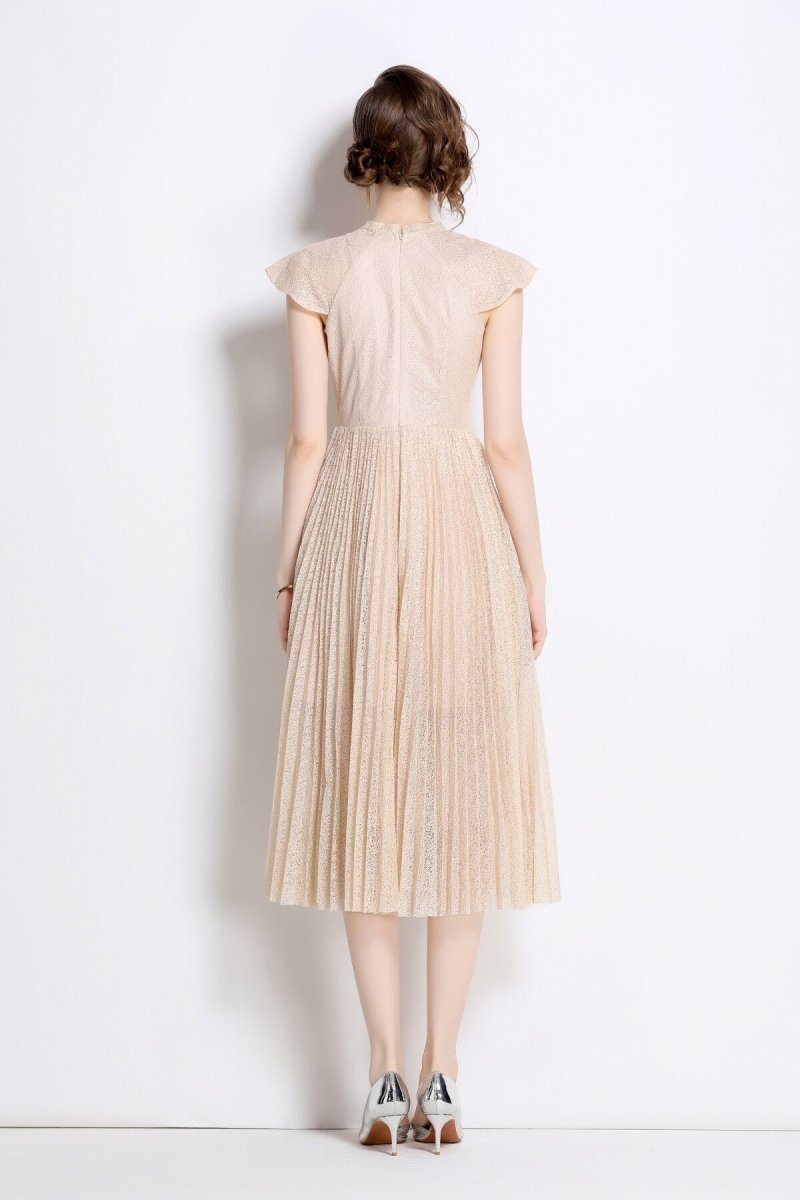 Apricot Lace Embroidered Pleated Midi Dress - 0cm