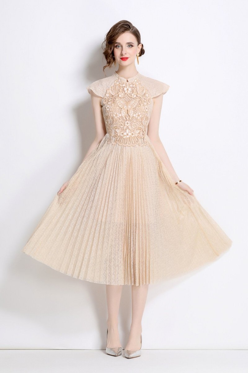 Apricot Lace Embroidered Pleated Midi Dress - 0cm