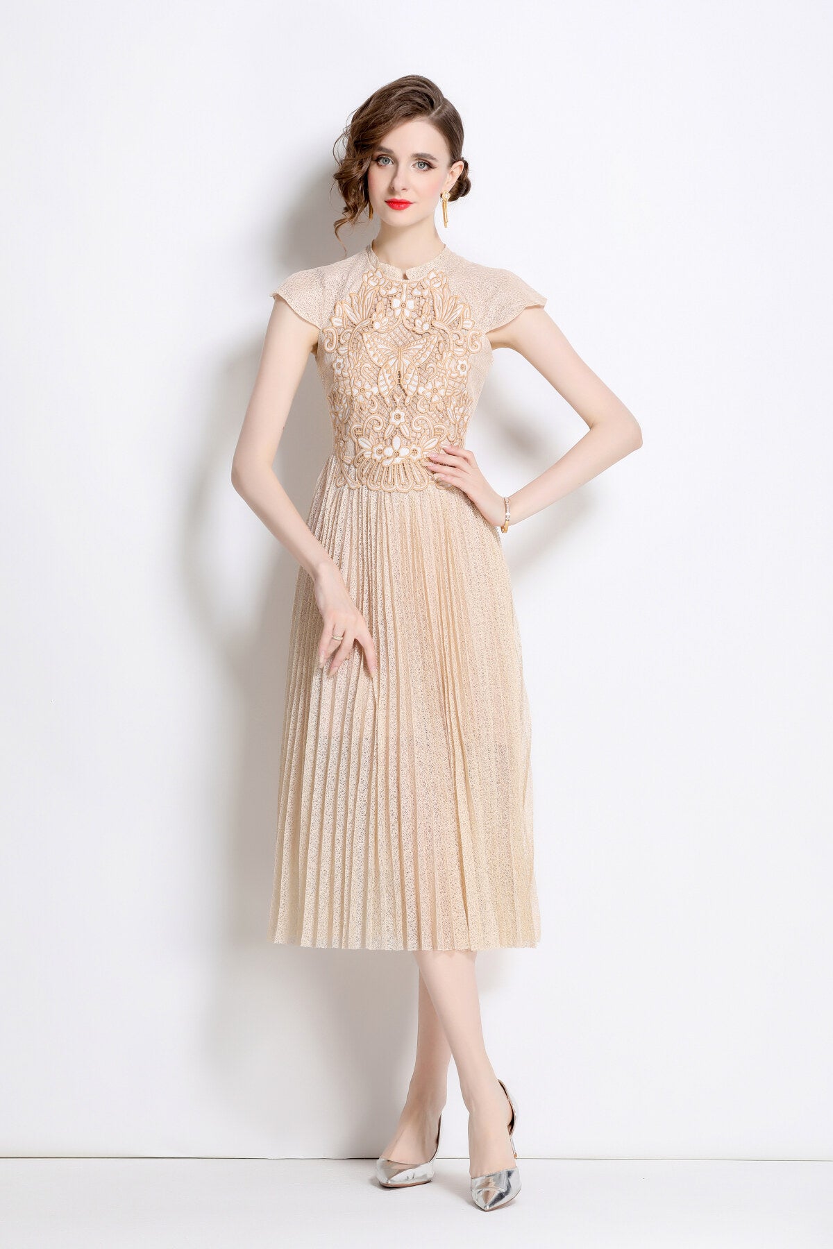 apricot lace embroidered pleated midi dress all apricot 1