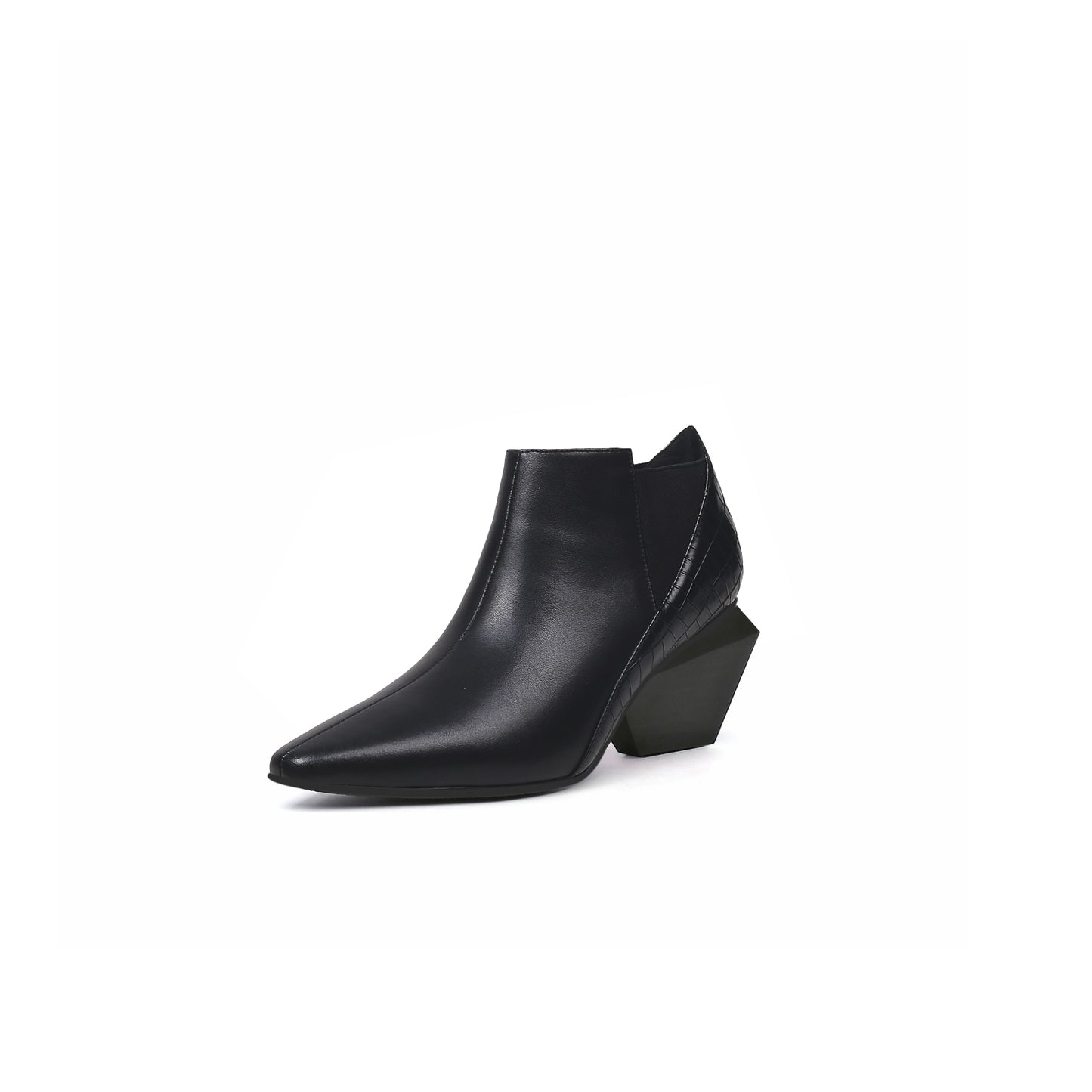artistic patchwork geometric ankle boots all black 2