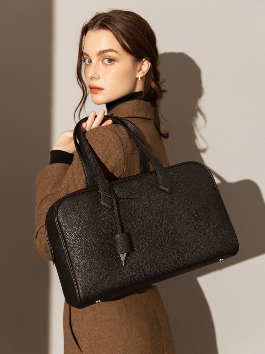 Aspen Top Handle Bag – Structured TC Calfskin Leather Bowling Bag with Padlock Charm