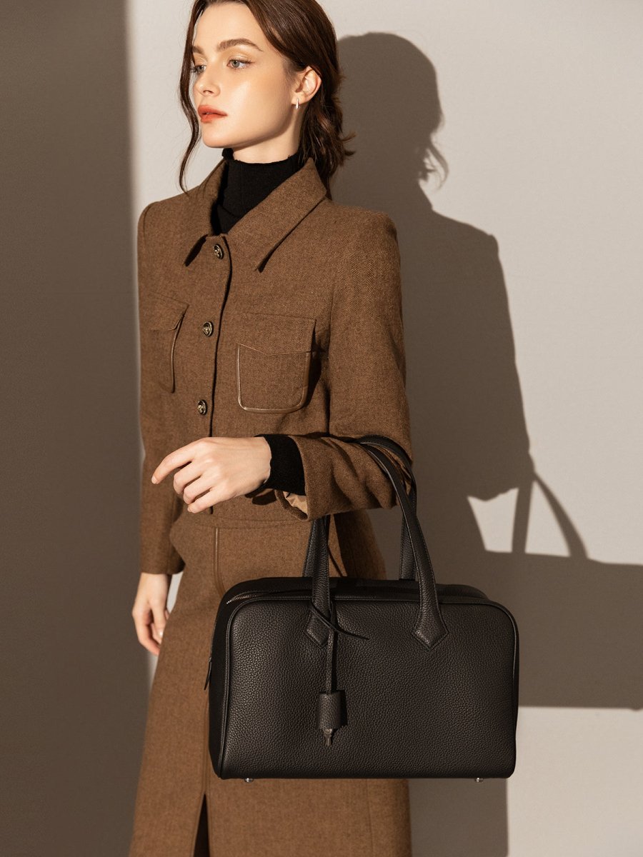 Aspen Top Handle Bag – Structured TC Calfskin Leather Bowling Bag with Padlock Charm
