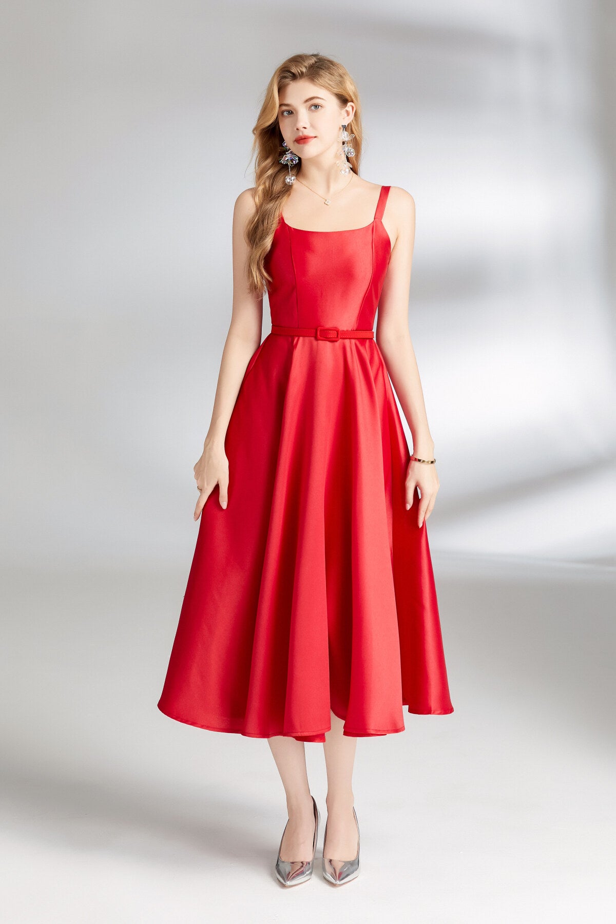 audrey hepburn spaghetti strap flare dress all red 1