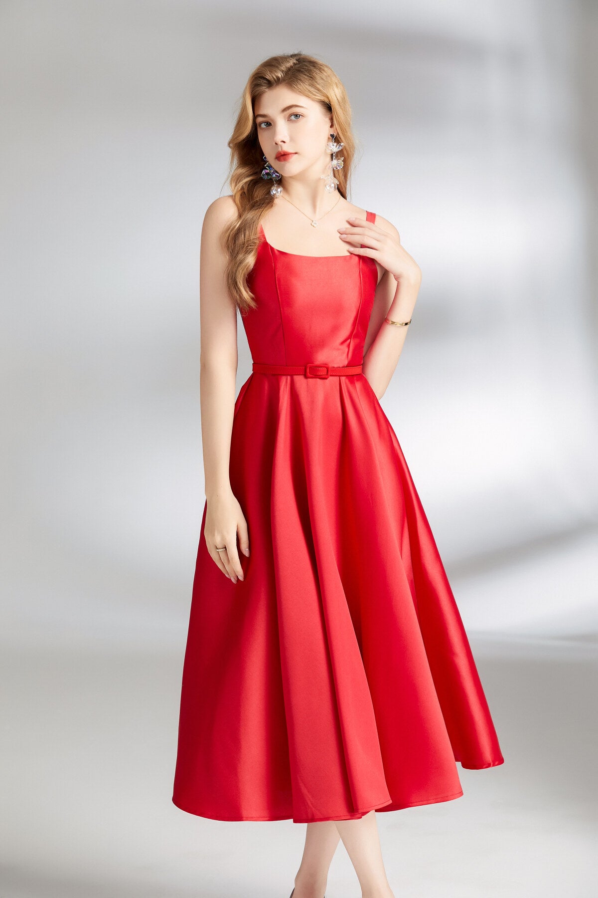 audrey hepburn spaghetti strap flare dress all red 2