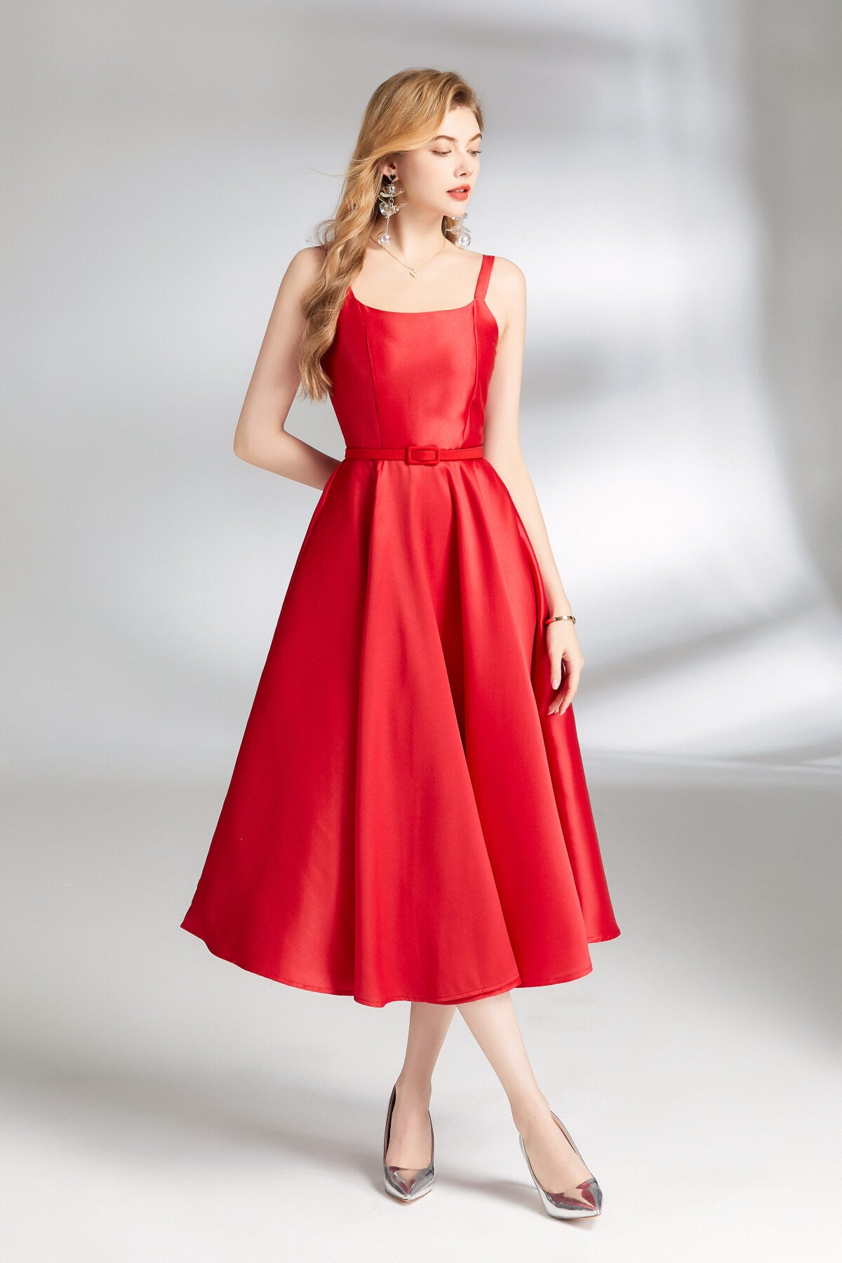 audrey hepburn spaghetti strap flare dress all red 3